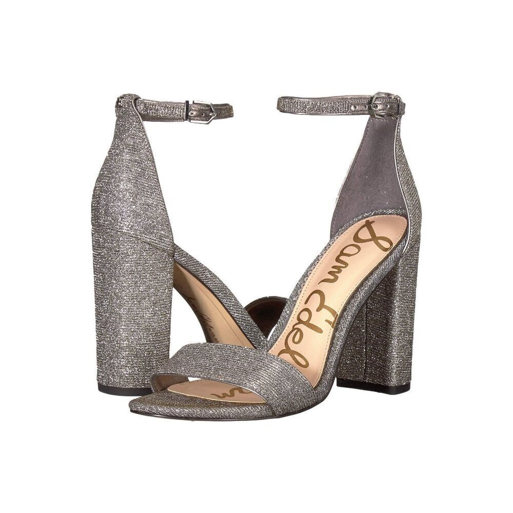 Sam Edelman Yaro Silver Glitter Block Heel Sandals Ankle Strap Size 6.5